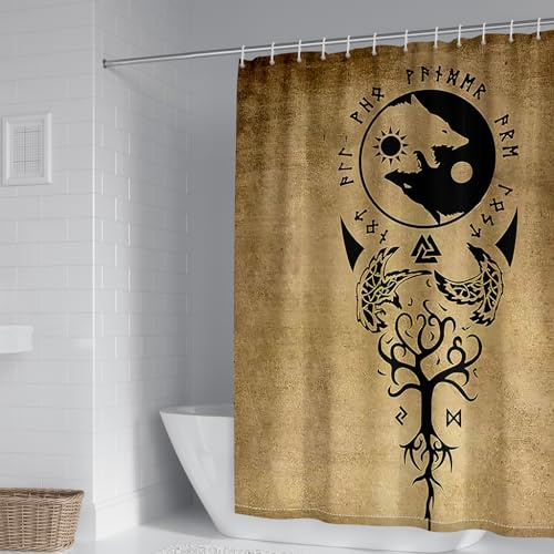WIKINGER Duschvorhang 120x180 cm Anti-Schimmel Anti-Bakteriell Shower Curtains 3D Viking Baum des Lebens Duschvorhänge Waschbar Wasserdicht Polyester Textil Badvorhang mit 12 Haken für Badezimmer
