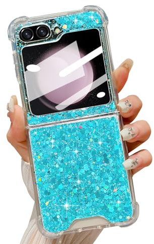 LCHULLE Designed for Samsung Galaxy Z Flip 5 Case,Girly Women Glitter Bling Bumper Shockproof Phone Case Ultra-Thin Hard PC Back Soft TPU Frame Cover for Samsung Z Flip 5 5G(2023)-Blue