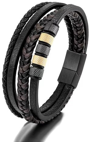 JSNOM Armband Herren Lederarmband Geschenke: Geflochten Leder Weihnachten Vatertag Valentinstag Geburtstagsgeschenk Liebesgeschenke Schmuck Geschenk für Freund Ehemann Papa Männer (21CM, Gold)