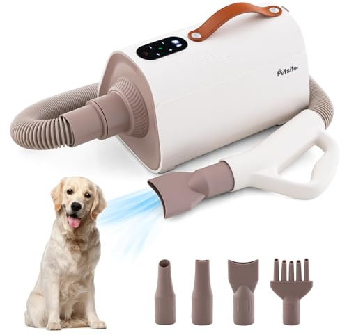 GOPLUS Pulseur Chien, Fonction Lonique Négative, Température et Vitesse Réglables, Contrôle Écran, Séchoir Sèche-Cheveux pour Chiens Chats avec 4 Buses, Filtre d’Air, Blanc