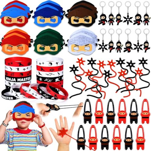 Vamei 60 Stück Ninja Party Mitgebsel - Masken, Schlüsselanhänger, Silikon Armbänder, Fingerschleuder, Fliegendes Klebriges Spielzeug für Kindergeburtstag - Ninja Warrior Themed Party für Jungen
