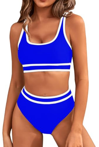 Yeenily Damen Badeanzug Zweiteiler Sport Bikini Set Sexy High Waist Bademode Triangel Bustier Push Up Strand Tankini Bauchweg Brazilian Swimsuit (Saphirblau, M)