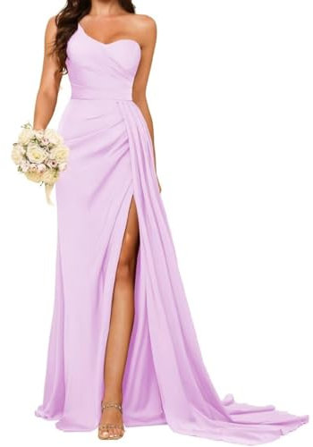 KURFACE Vestido de dama de honor de un hombro para mujer, con abertura, plisado, largo, de satén, vestido de graduación, Lila, 34