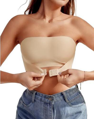 Varsbaby Soutien-Gorge Bandeau Femme sans Bretelles, Anti-dérapant Silicone, Brassière Tube Élastique sans Rembourrage(D452-Beige-L