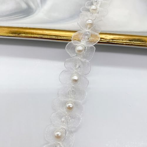 Whakano 1 Yard Weiß Spitzenborte mit Perlen 2,1cm Breite,Tüll Perlen-Band Spitzenband,Zierband Dekoborte,Band für DIY Nähen Basteln Kleidung,Vorhänge,Schal,Scrapbooking Dekoration,