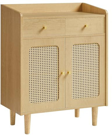 SONGMICS HOME BOHOVEN Kollektion - Sideboard, Küchenschrank mit Türen in Rattan-Optik, Aufbewahrungsschrank mit Schubladen, verstellbare Ablage, Boho-Stil, für Esszimmer, eichenbeige