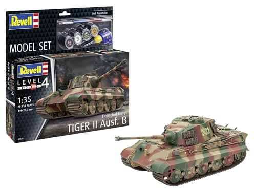 Revell Modellbausatz Tiger II AUSF. B | Legendärer Königstiger mit Henschel-Turm | Maßstabsgetreu mit umfangreichem Fahrwerk, drehbarem Turm & höhenrichtbarer Kanone | Inkl. Kleber und Pinsel