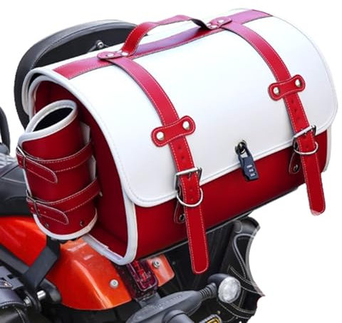BIRNN Bauletto per Moto per Piaggio Beverly 300, Cuoio Custodia Portaoggetti per Bagagliaio per Motocicletta Bagaglio per Moto con Serratura di Sicurezza Valigia Moto, F White+Red