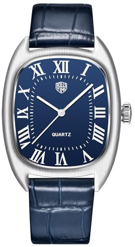 DAOLVEN Rollstimi 7904 Herren Tonneau Retro Uhren Edelstahl Rechteckiges Gehäuse Echtes Lederband 50M Wasserdicht Retro Casual Square Quarz Armbanduhr Römische Ziffern, blau, Klassisch