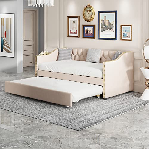 Ymkua Polsterbett Schlafsofa Sofabett 90x200 cm, Kinderbett Doppelbett Tagesbett mit Rollbett, Jugendbett Bett mit Lattenrost, Gästebett Wohnzimmer Schlafzimmer,Leinen, Ohne Matratze (Beige)