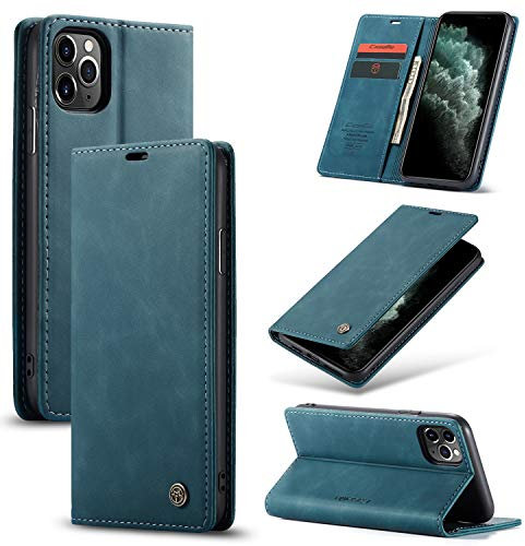owlhold hülle iPhone 11 Pro klapphülle Premium Lederhülle Weiches Vintage-Nubukleder Faltbare Ständer Schutzhülle Kartenfach Standfunktion stoßfest Handyhülle iPhone 11 Pro -Blaugrün