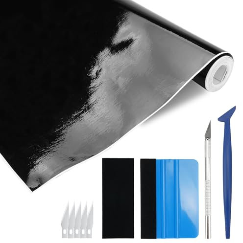 30 x 300cm Film de Voiture,Imperméable à l'eau sans Bulles Covering Noir Brillant,Adhésif Autocollant Fibre de Vinyle,Covering Voiture de Protection DIY, avec Outils,pour Moto, Vélo, Intérieurs