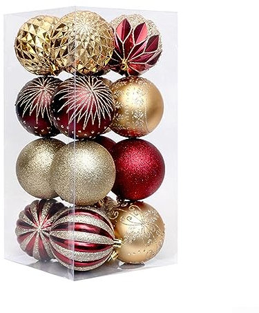 HEIBTENY Weihnachtskugeln 16 Stücke 8CM Schwarz Gold Rot Grün Blau Weihnachtskugeln Plastik Für Weihnachtsdeko Mit Aufhängen Christbaumkugeln Christbaumschmuck Set (Rot Gold)