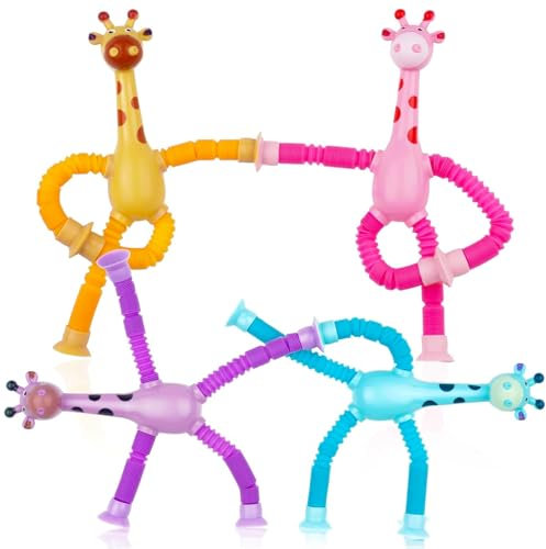 GEXINKEJI 4er Set Saugnapf Spielzeug Teleskop Squishy Sensory Teleskop Giraffe lindert Stress eleskop Saugnapf Giraffe Spielzeug Hochstuhl Saugnapf Spielzeug Giraffe Spielzeug für Autofahrt