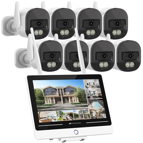 VisorTech Kamera Personenerkennung: Funk-Überwachungssystem, Display-HDD-Rekorder, 8X 2K-Kamera, WLAN 6 (LAN Überwachungskamera Set, Überwachungs außen Funk, Alarm Bewegungsmelder)