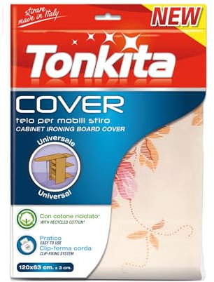 Tonkita | Cover Telo per Mobiletti Stiro, Universale, 120x63 cm Telo per Stirare in Cotone Riciclato e Spugna, con Clip Ferma Corda, Morbido e Pratico, per Assi Fino a 112x55 cm - Made in Italy