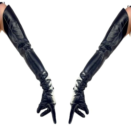 DooWay Lange Damen-Handschuhe, 80 cm, Schulterlänge, Touchscreen-empfindliches Kunstleder, modisches Kostüm, Abend-, Opern-, Cosplay-Handschuh, Armwärmer, Schwarz, Schwarz - Tech, Medium