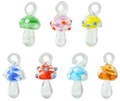 Stiesy Lot de 14 breloques en forme de champignon en verre de 7 styles pour la fabrication de bijoux, pendentifs en verre en forme de champignon faits à la main pour la fabrication de bracelets
