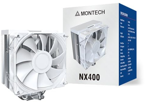 MONTECH NX400 - CPU Air Cooler, Single Tower, 4 Advanced Heat Pipes, 52-fin Heat Sink, E28, 120mm FDB Static Pressure Fan, 28mm Fan Thickness, Corner-Cover Footpads, Polished Top Cover - White