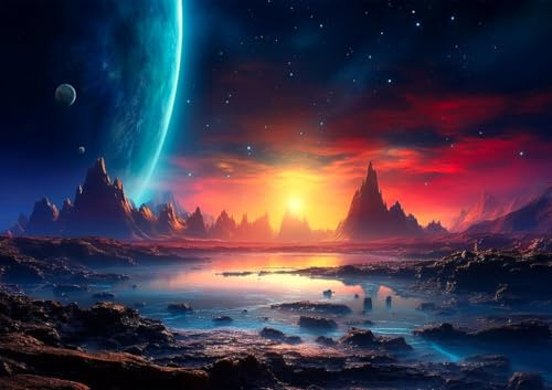 CALVENDO Poster 42,0 x 29,7 cm Querformat Science Fiction - Reise zu fremden Planeten - Sonnenuntergang| Bilder, Kunstdruck, Wandbild, Wanddeko, Prints ohne Rahmen