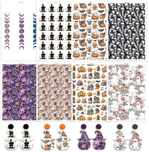16 Pcs Halloween Transfer Paper for Polymer Clay, Pumpkin, Ghost, Spiders, Webs, Skulls Cats, Grids,Bottles Water Soluble Transfer Sheets for Polymer Clay DIY Art Jewelry Earrings Making 5.82X3.93in