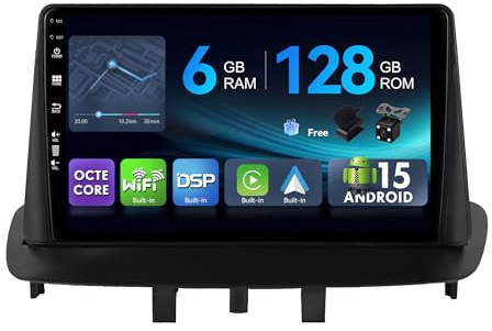 MSD 6G+128G Octa-Core - 9 Pulgada Autoradio Pour Renault Megane 3 (2008-2014) | Android 15 GPS Navi Radio | CarPlay Android Auto Dab 4G Dual-Band WLAN Volante DSP | Cámara Mic | 2 DIN