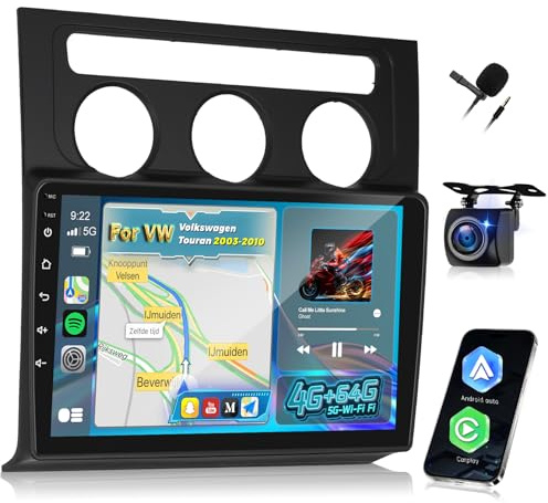 [4G+64G] Android Radio de Coche para VW Volkswagen Touran 2003-2010 con Wireless Carplay & Android Auto, Pantalla Táctil de 10,1 Pulgadas con GPS, WiFi, 32EQ, Bluetooth 5.0, Radio FM/RDS