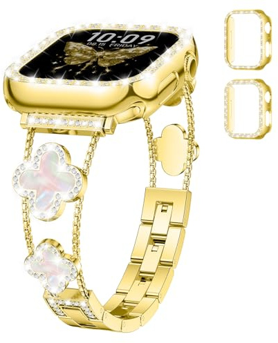 Metall Armband+Diamant Schutzhülle für Apple Watch Armband Series 11 10 9 8 7 6 5 4 3 SE 3/2 Damen,Bling Glückskleeblatt Edelstahl Band für iWatch 38/40/41/42 mm,40mm PC Hülle(No Screen) Gold/Weiß