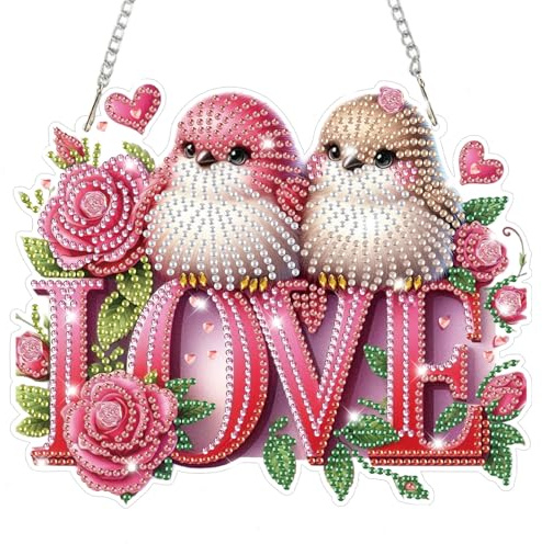 Lxmsja Liebesvögel Diamond Painting Anhänger, 5D LOVE Diamond Painting Fensterbilder für Erwachsene, Bastelset Kreativ Set, Valentinstag Hängend Ornament Geschenke Tür Fenster Wand Eingang Decor