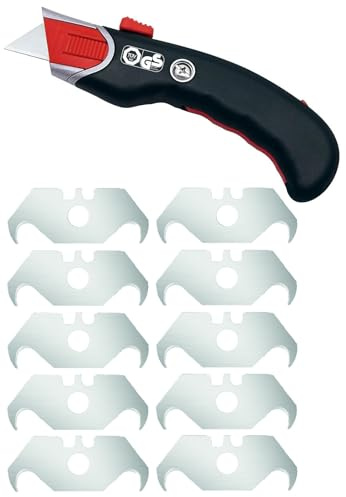 WEDO Safety Cutter Premium – Sicherheitsmesser mit automatischem Klingenrückzug, Metallgriff & Gummieinsatz, ergonomisch für Rechts- & Linkshänder (Cutter + 10 Haken Ersatzklingen)