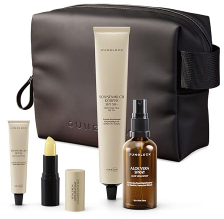 JUNGLÜCK Travel Set Sun & Care | Sonnenschutz Set SPF 50 für Gesicht, Körper & Lippen – Sonnenfluid, Sonnenmilch, Aloe Vera Spray & Hyaluron Lippenbalsam