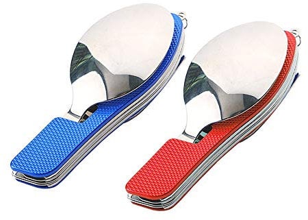QitinDasen 2Pcs Premium 4 in 1 Folding Cutlery, Detachable 4 in 1 Folding Tableware, Stainless Steel Folding Camping Flatware Knife Fork Spoon and Bottle Opener (Red + Blue)
