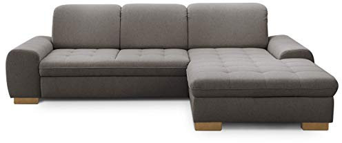 CAVADORE Sofaecke Lexi im Landhausstil / Schlafsofa in L-Form mit XXL-Longchair rechts und Federkern / Inkl. Bett, Bettkasten und Kopfteilfunktion / 275 x 82-99 x 173 / Flachgewebe: Hellgrau