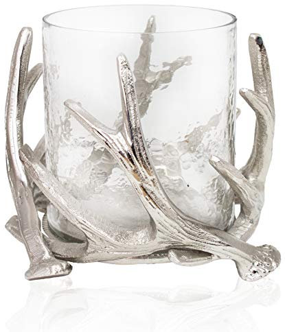 Windlicht Geweih mit Glaseinsatz Kerzenhalter Glaswindlicht Metall Silber edel Hirsch D=16cm