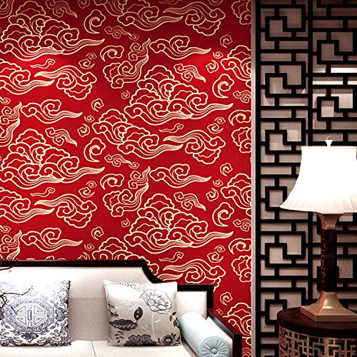 9,5 x 0,53 m traditionelle chinesische rot-gelbe Lucky Cloud wasserdichte matte strukturierte PVC-Tapete Rolle für Schlafzimmer Wohnzimmer 5,035 m²