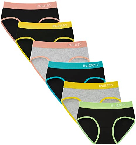 INNERSY Girls Knickers Mid Rise Cotton Underwear Sports Pants for Teenage Black Gray Packs of 6 (10-12 Years, 4 Black/2 Marl Grey)