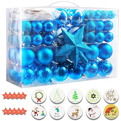 Xacool Weihnachtskugel-Set mit 145 Ornamenten, inklusive runder und kleiner Dekoration, Baumspitze, tolle Geschenkideen für alle Familien (blau)
