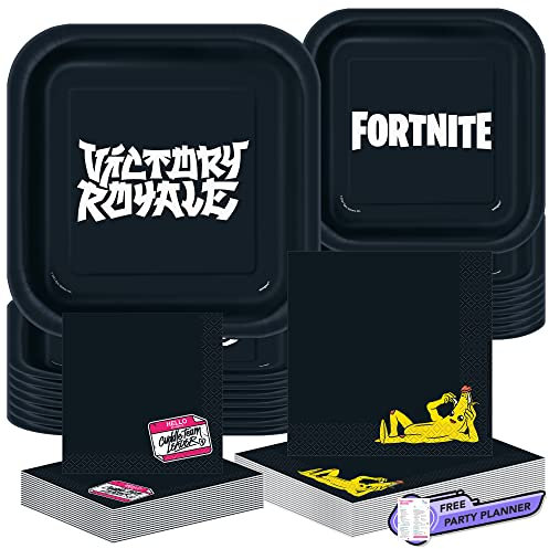 Paquete único de vajilla Fortnite – Platos cuadrados negros para cena y postre, servilletas de almuerzo y bebidas, suministros y decoraciones de cumpleaños para niños, juego de papel Victory Royale