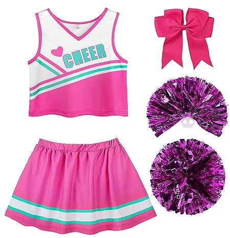 ReliBeauty Cheerleader Kostüm Kinder Kleid mit Pompoms und Kopfschmuck,pink,130