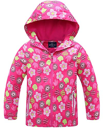 Blouson Imperméable Filles, Veste de Pluie pour Enfants Manteaux Imperméables à Capuche Coupe Vent Veste de Pluie Légère Imprimée Printemps Automne, 6-7 Ans