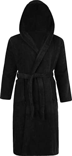100% Egyptian Cotton Terry Towelling Hooded Bathrobe Men's and Ladies Unisex Dressing Gown Spa Gym Bath Towel (Black, Small/Medium)