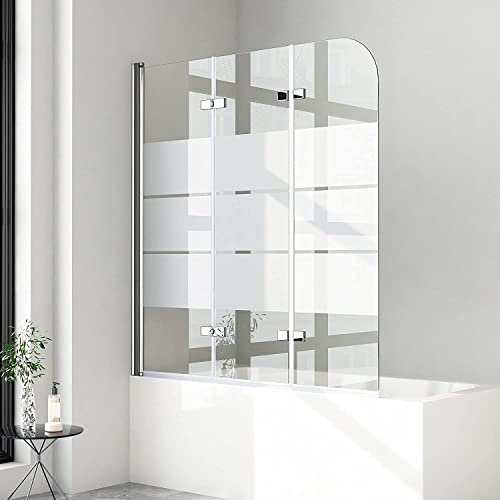 Duschwand für Badewanne 3 teilig faltbar 120x140 cm 6mm ESG Sicherheitsglas (ESG) Faltwand Milchglas Streifen Badewannenaufsatz Badewannenfaltwand Duschabtrennung für Badewanne