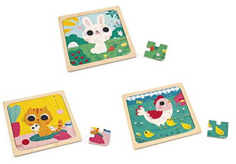 Janod 3 9-Teilige Holzpuzzle-Huhn, Katze, Hase-Kinderspielzeug-Pädagogisches Kleinkindspielzeug-Ab 18 Monaten, J07113, Mehrfarbig