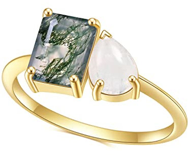 Gem's Beauty Milchblauer Mondstein Grüner Moosachat Roségold Sterlingsilber Toi et Moi Ring Damen Goldringe Moosachat Schmuck Verlobungsringe Damen Geschenke (Größe 9)