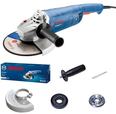 Bosch Professional Corded Angle Grinder GWS 2200 P (110 V, disc Diameter 230mm, 2,200 W Motor, Protection Switch, Auxiliary Handle, Protective Guard, Two-Hole Spanner, Backing Flange and Locking nut)