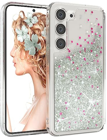 EAZY CASE Hülle kompatibel mit Samsung Galaxy S23 Schutzhülle mit Flüssig-Glitzer, Handyhülle, Schutzhülle, Back Cover mit Glitter Flüssigkeit, TPU/Silikon, Transparent/Durchsichtig, Silber
