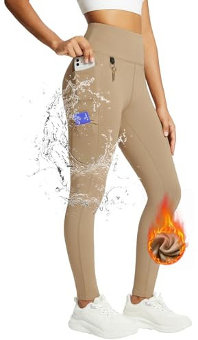 baleaf Damen Fleece gefütterte Leggings Wasserabweisend Hohe Taille Wanderleggings Thermo Leggings Fahrradhose Laufhose mit Reißverschlusstaschen Braun 2XL