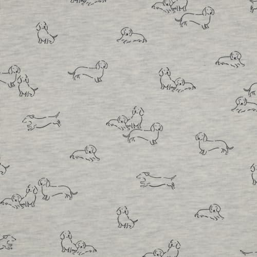 Sweat Stoff Meterware Kinder Hunde – Grau Meliert mit süßen Dackeln & Welpen, 140 cm breit, 60% Baumwolle 40% Polyester, weich & pflegeleicht, ideal für Pullis, Hoodies, Hosen & Accessoires