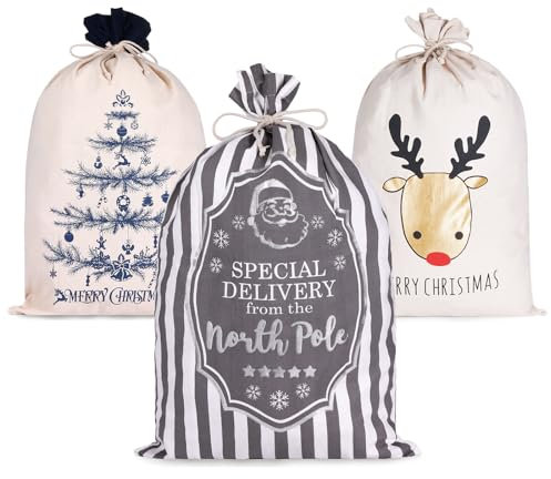 BRUBAKER 3er Set Weihnachtssack - 80 cm Geschenksack mit weihnachtlichen Motiven - Nikolausbeutel zum Befüllen und Verpacken von Geschenken - Weihnachtsdekoration Sack aus Baumwolle