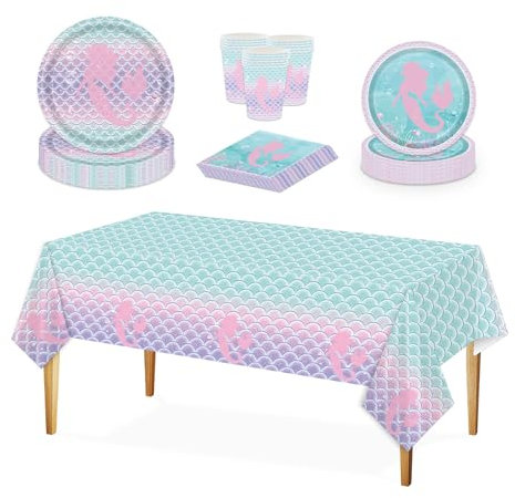 Mermaid Party Decorations Tableware Set, Mermaid Party Supplies Paper Party Plates Napkins Cups Tablecloth for Women Girl Birthday Party Mermaid Theme Party Decorations 16 Guests